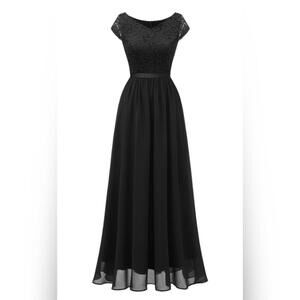 NWOT Dresstells V neck Cap Sleeves Flowy Long Formal Evening Dress, Black, XL